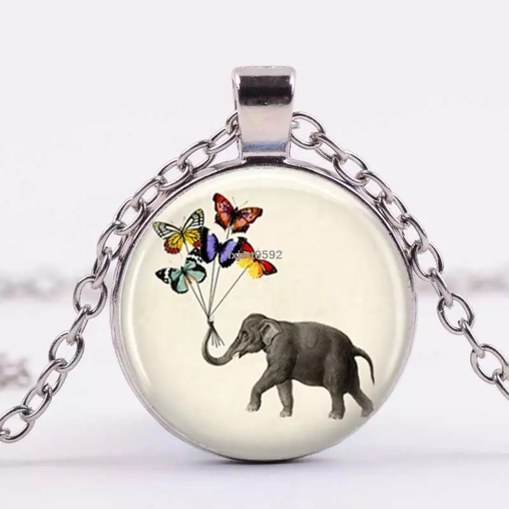 Elephant With Butterflies Silver & Glass Necklace